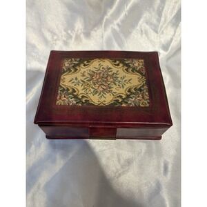 Vintage cottagecore trinket box "Petit Point" Jewelry box green interior